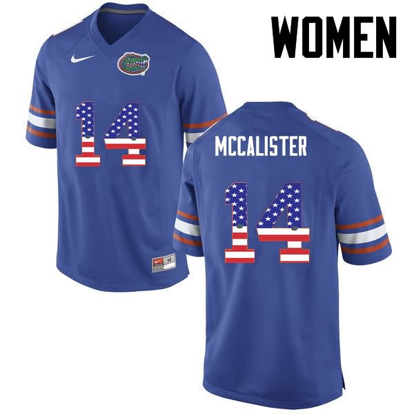 Women's NCAA Florida Gators Alex McCalister #14 Stitched Authentic USA Flag Fashion Nike Blue College Football Jersey IKY8765CQ